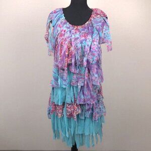Rancho Estancia Sleeveless Dress Rainbow Colors Carwash Fringe Fairy Midi S NEW